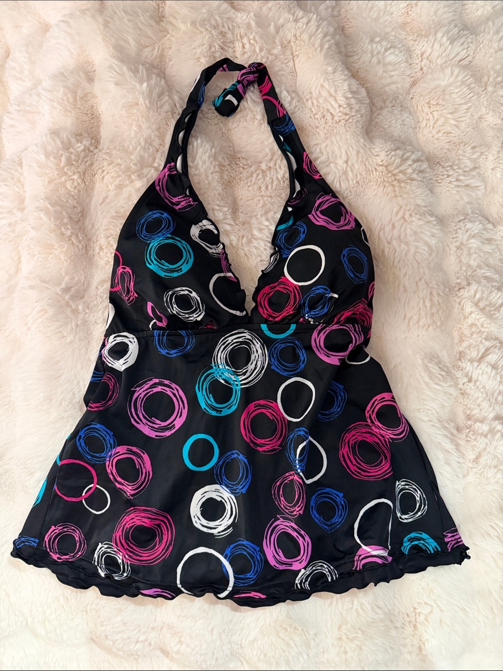 Black Halter Tankini Top with Colorful Circle Print